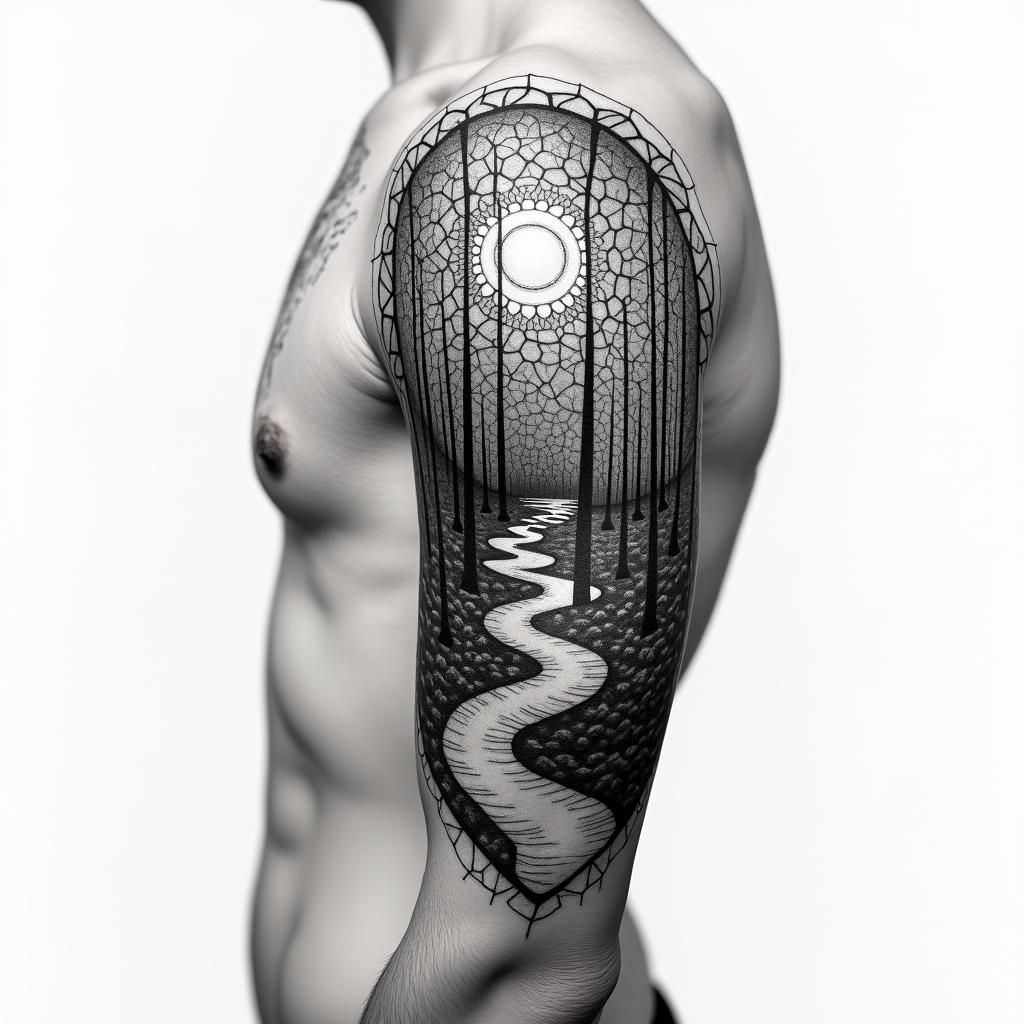 Forest Moon River for upper arm and shoulder. in geometric style tattoo, blending hexagons, mandala-inspired patterns, symmetrical and fractal design, clean lines, sharp angles - Variation 2