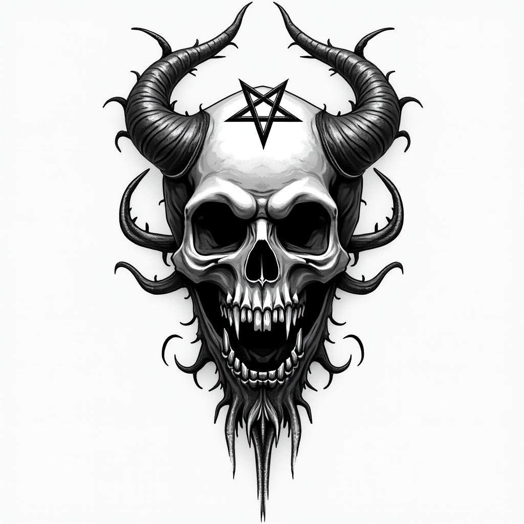 Reaper soul
creepy horror tattoo style, featuring an eerie and unsettling skull of a demonic creature, distorted face with sharp fangs, add pentagram symbol