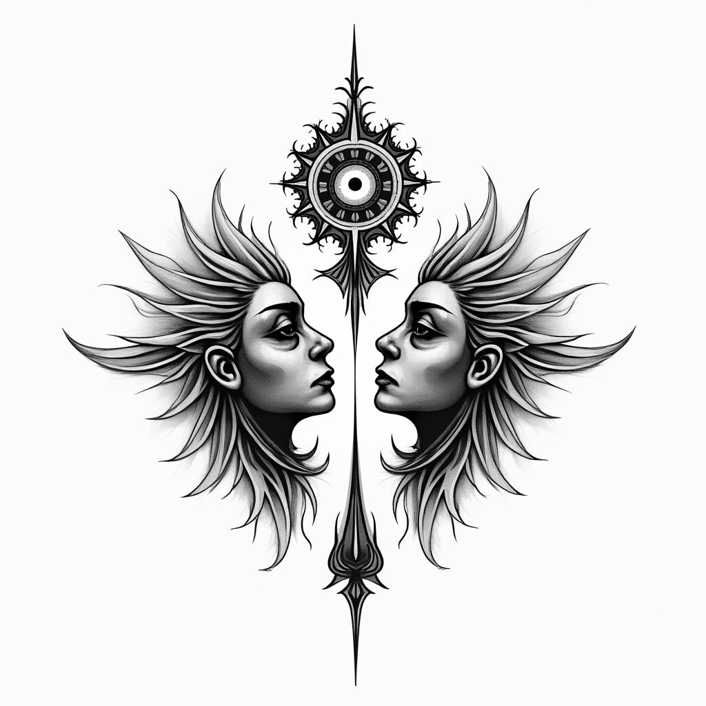 Dedicated to my 2 sons, named Isaac and Bruno.in spiritual symbols tattoo style, featuring an intricate design incorporating elements, Hamsa hand, third eye, minimalist composition - Variation 3