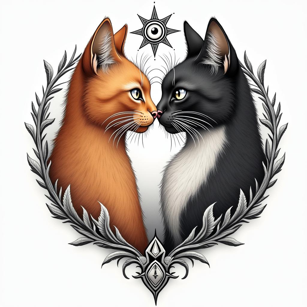 Married couple tattoos. Gamers, stoners. With an orange cat and a tuxedo cat and a son.in prophecy tattoo style, featuring mystical symbols, celestial imagery like stars, moons, suns, geometric patterns, foretelling elements, an eye of wisdom - Variation 4