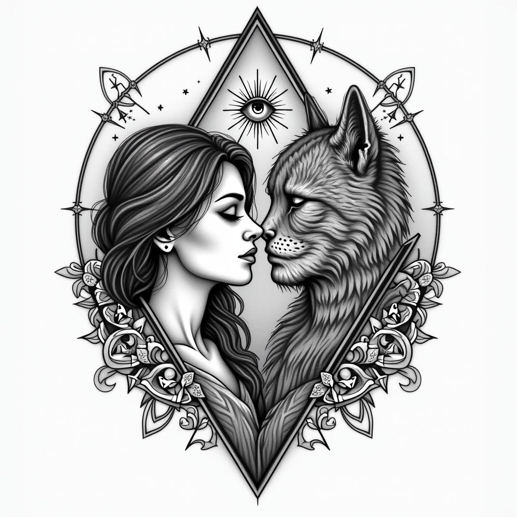 Married couple tattoos. Gamers, stoners. With an orange cat and a tuxedo cat and a son.in prophecy tattoo style, featuring mystical symbols, celestial imagery like stars, moons, suns, geometric patterns, foretelling elements, an eye of wisdom - Variation 2
