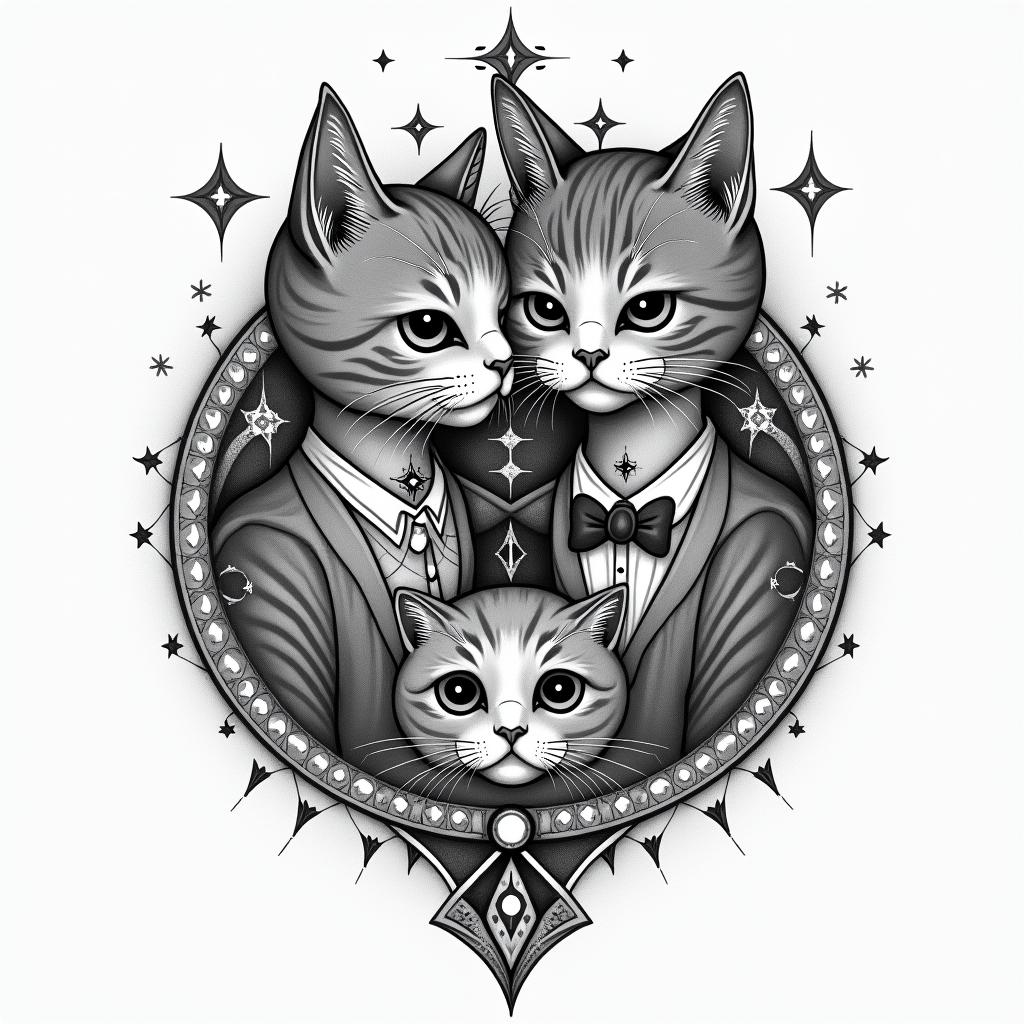 Married couple tattoos. Gamers, stoners. With an orange cat and a tuxedo cat and a son.in prophecy tattoo style, featuring mystical symbols, celestial imagery like stars, moons, suns, geometric patterns, foretelling elements, an eye of wisdom - Variation 3