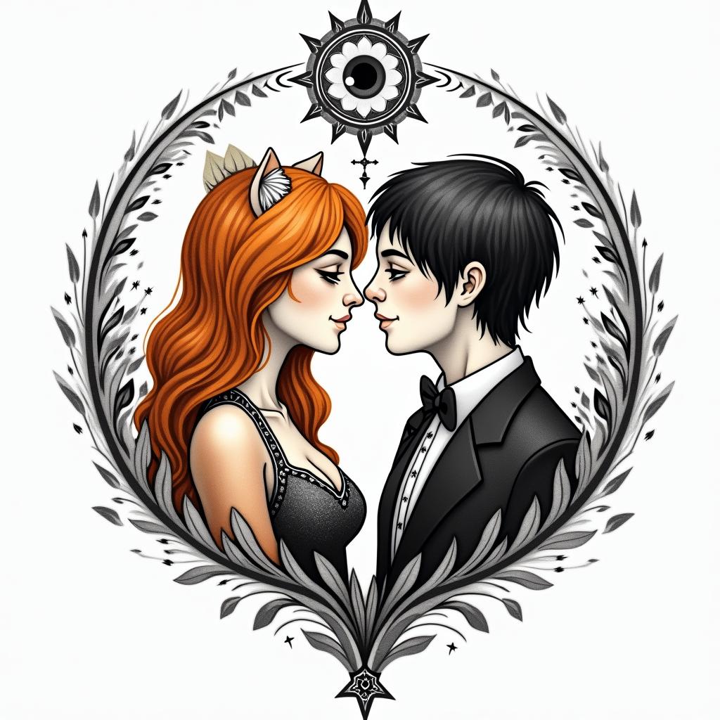 Married couple tattoos. Gamers, stoners. With an orange cat and a tuxedo cat and a son.in prophecy tattoo style, featuring mystical symbols, celestial imagery like stars, moons, suns, geometric patterns, foretelling elements, an eye of wisdom
