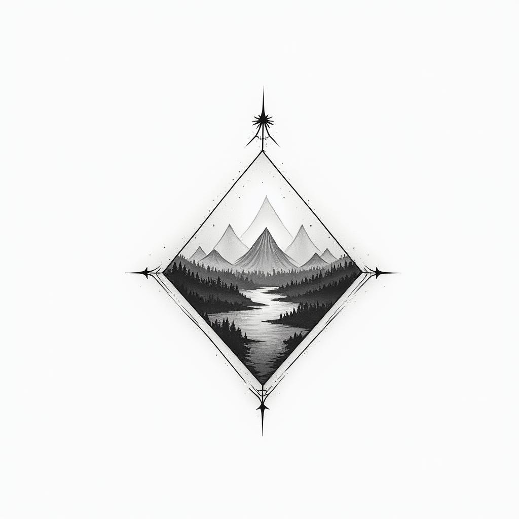 Adventure travel gamesin minimalist style tattoo, featuring simple shapes and fine lines, with minimal shading and details, tiny triangles, creating a sense of balance and harmony - Variation 3