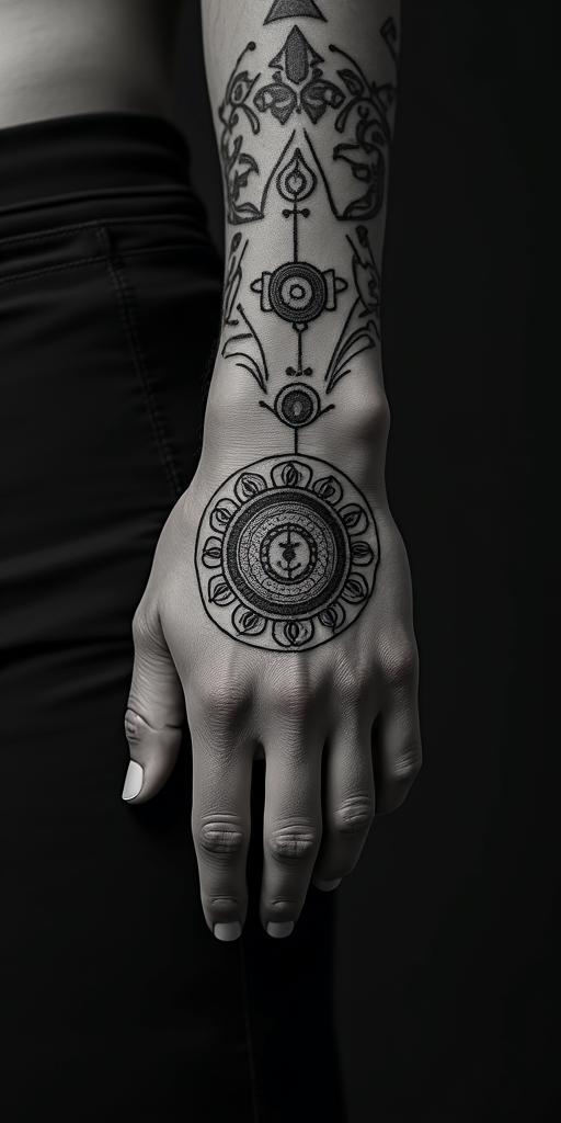Sasquatch,forestin spiritual symbols tattoo style, featuring an intricate design incorporating elements, Hamsa hand, third eye, minimalist composition - Variation 2