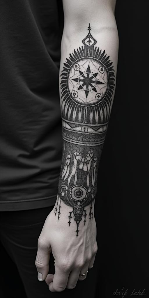Sasquatch,forestin spiritual symbols tattoo style, featuring an intricate design incorporating elements, Hamsa hand, third eye, minimalist composition - Variation 4