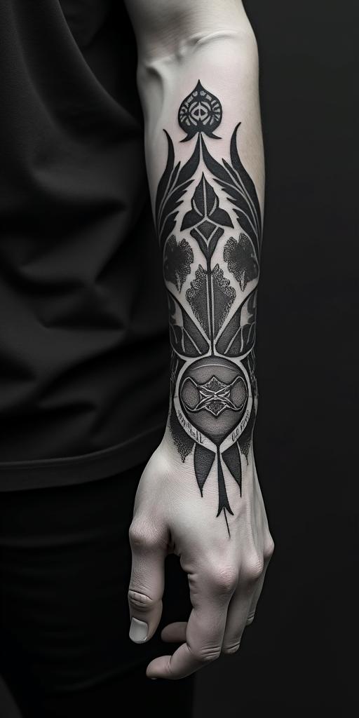 Sasquatch,forestin spiritual symbols tattoo style, featuring an intricate design incorporating elements, Hamsa hand, third eye, minimalist composition