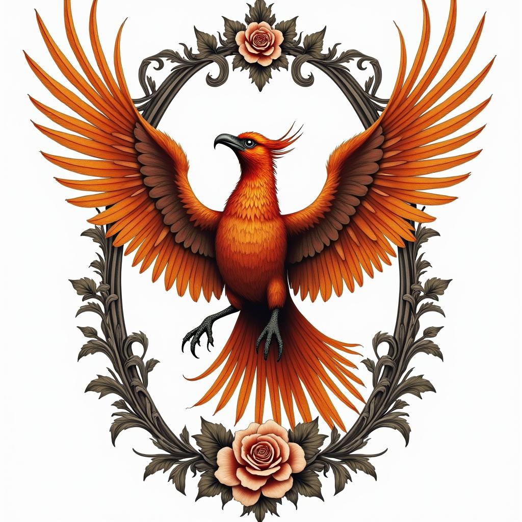 Rising phoenix with vibrant fiery wingsin victorian style tattoo, featuring vintage and elegant elements, ornate frames, roses, antique, sepia-toned color scheme - Variation 6