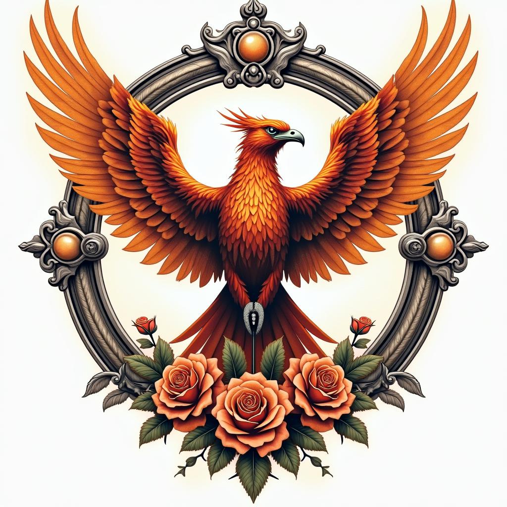 Rising phoenix with vibrant fiery wingsin victorian style tattoo, featuring vintage and elegant elements, ornate frames, roses, antique, sepia-toned color scheme - Variation 8