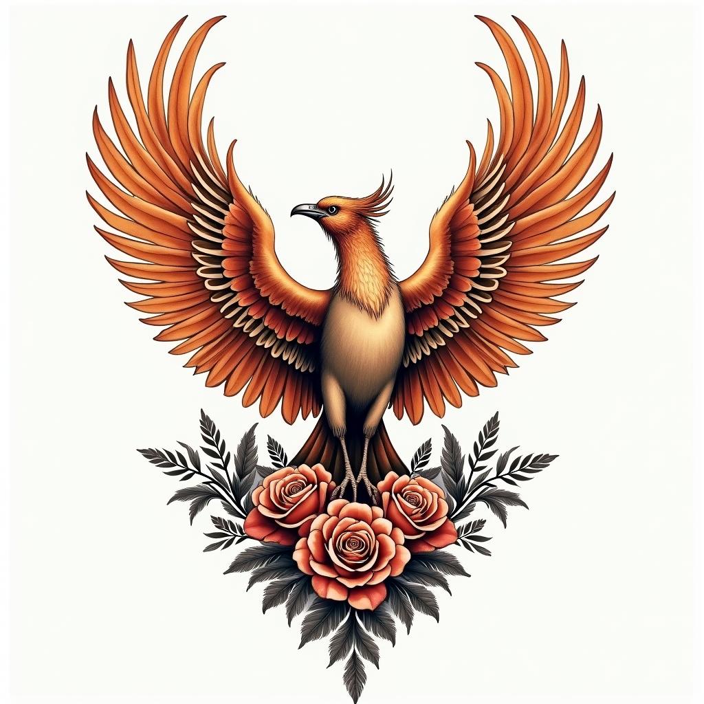 Rising phoenix with vibrant fiery wingsin victorian style tattoo, featuring vintage and elegant elements, ornate frames, roses, antique, sepia-toned color scheme - Variation 7
