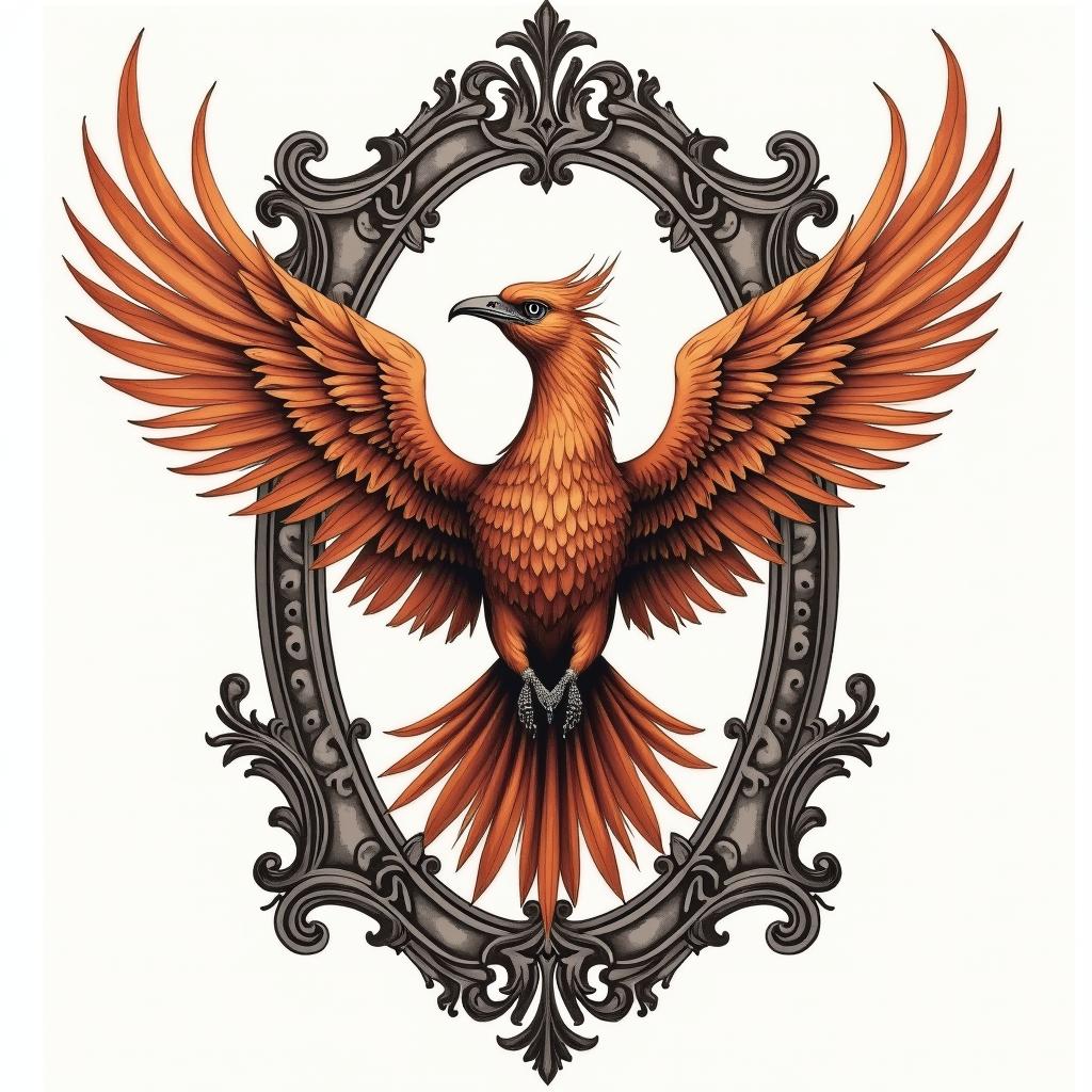 Rising phoenix with vibrant fiery wingsin victorian style tattoo, featuring vintage and elegant elements, ornate frames, roses, antique, sepia-toned color scheme - Variation 5