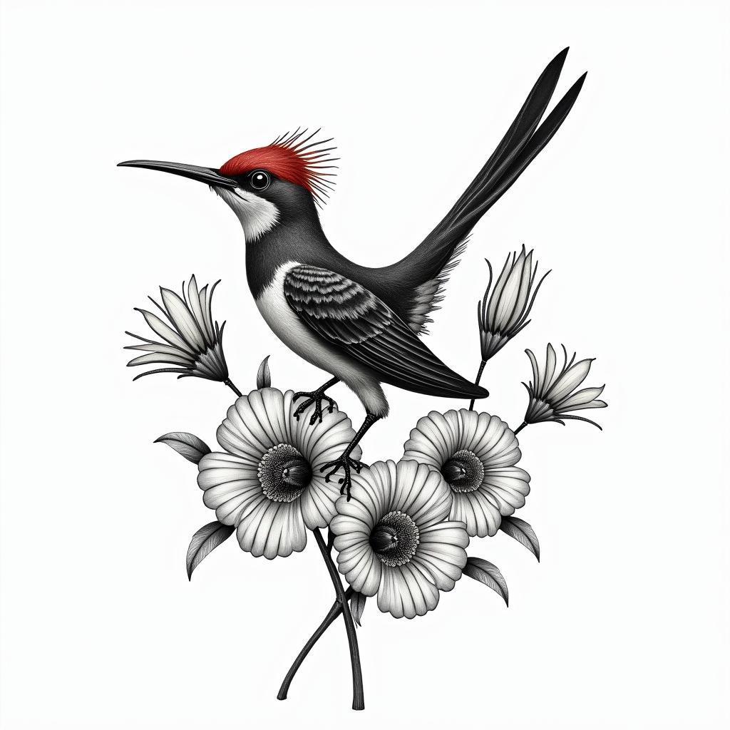 Scissor tailed fly catcher surrounded by Indian blanket flowershigly detailed tattoo - Variation 3