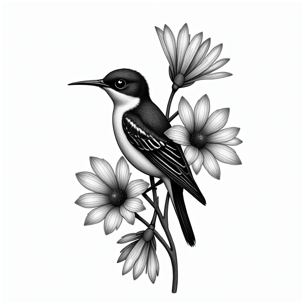 Scissor tailed fly catcher surrounded by Indian blanket flowershigly detailed tattoo