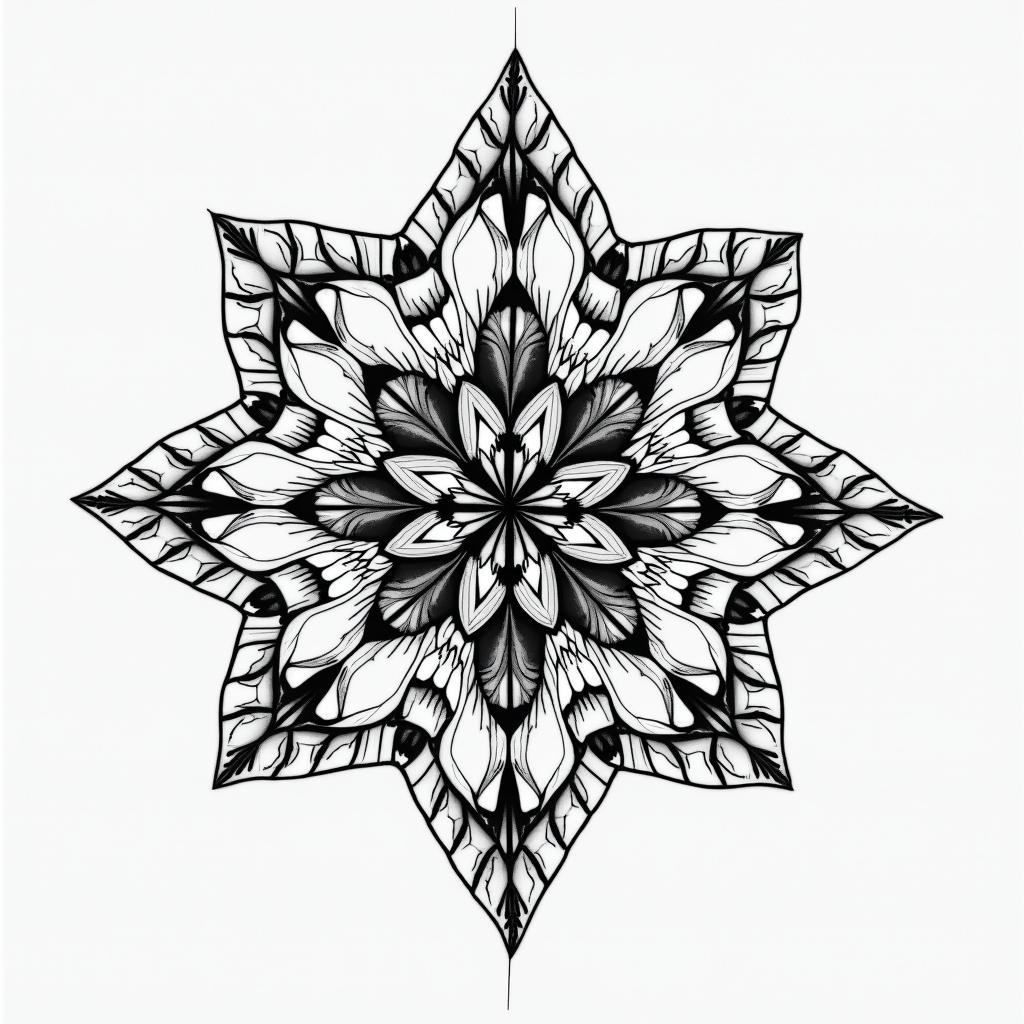 Adventure travel games in geometric style tattoo, blending hexagons, mandala-inspired patterns, symmetrical and fractal design, clean lines, sharp angles - Variation 3