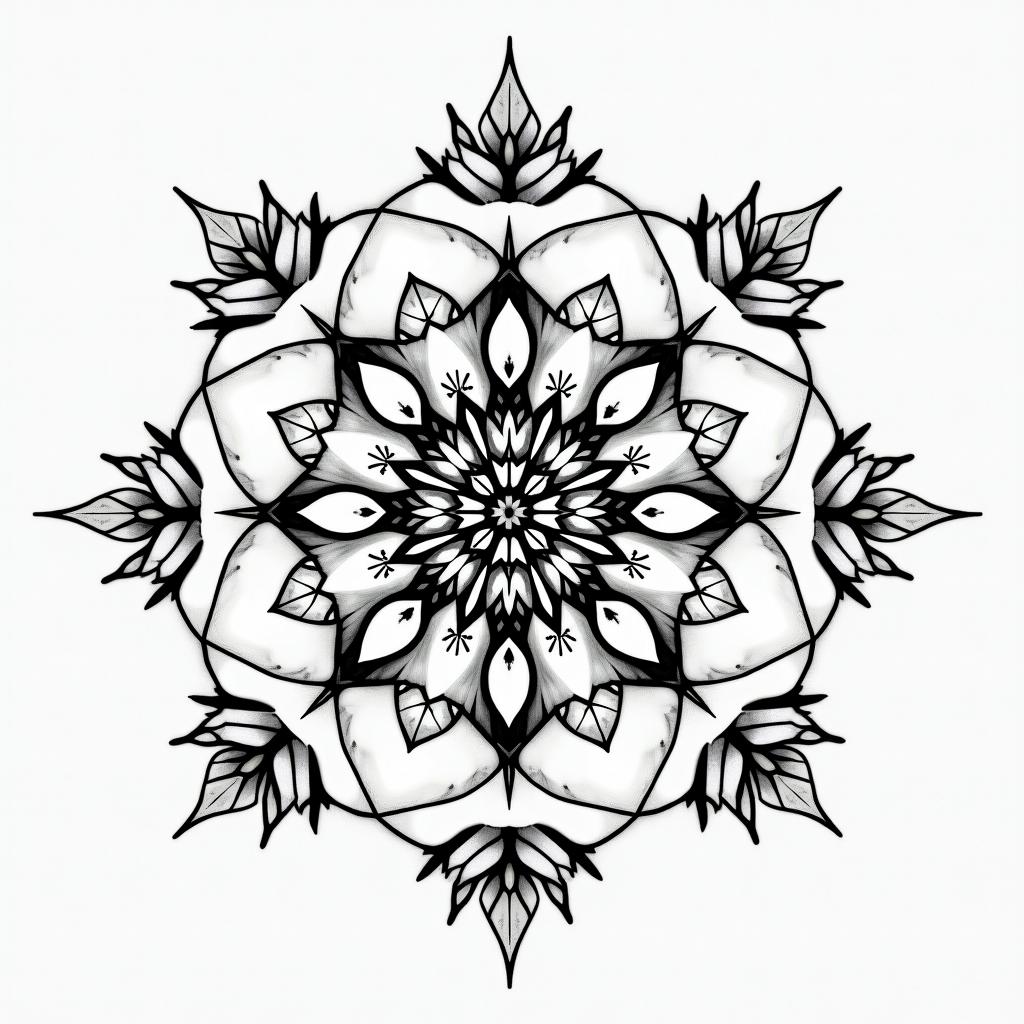 Adventure travel games in geometric style tattoo, blending hexagons, mandala-inspired patterns, symmetrical and fractal design, clean lines, sharp angles