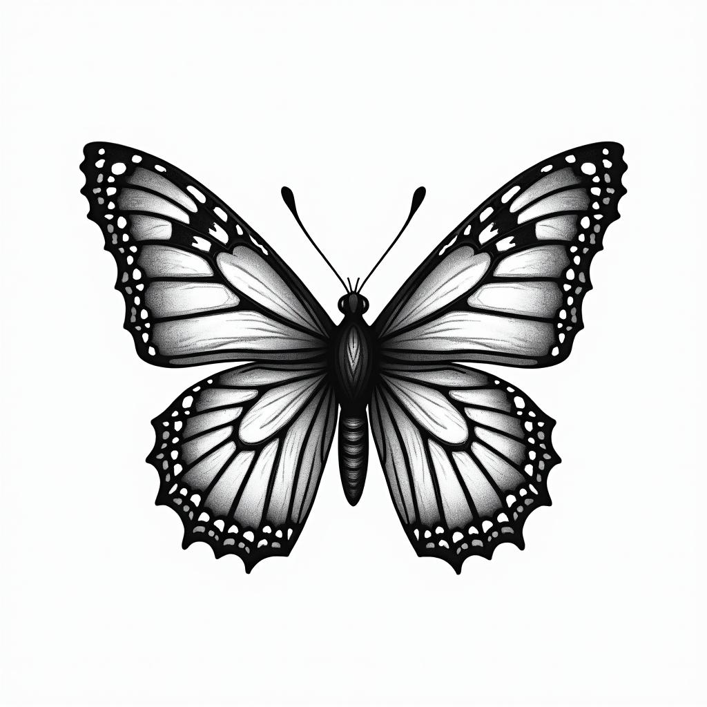 Butterfly with intricate wing patterns in geometric style tattoo, blending hexagons, mandala-inspired patterns, symmetrical and fractal design, clean lines, sharp angles - Variation 4