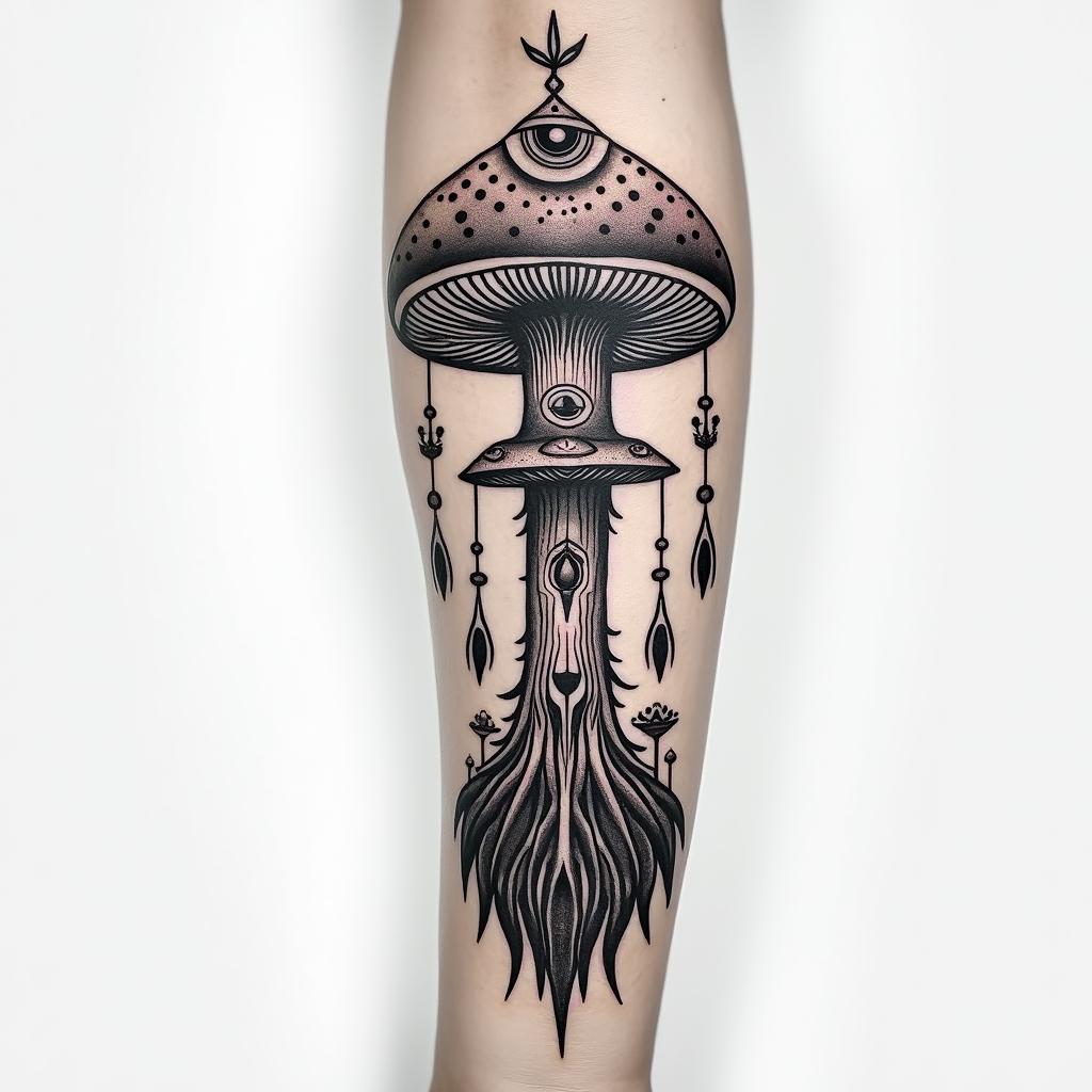 Magic mushroom tree forearm tattooin spiritual symbols tattoo style, featuring an intricate design incorporating elements, Hamsa hand, third eye, minimalist composition - Variation 2