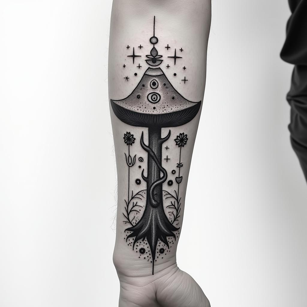 Magic mushroom tree forearm tattooin spiritual symbols tattoo style, featuring an intricate design incorporating elements, Hamsa hand, third eye, minimalist composition - Variation 3