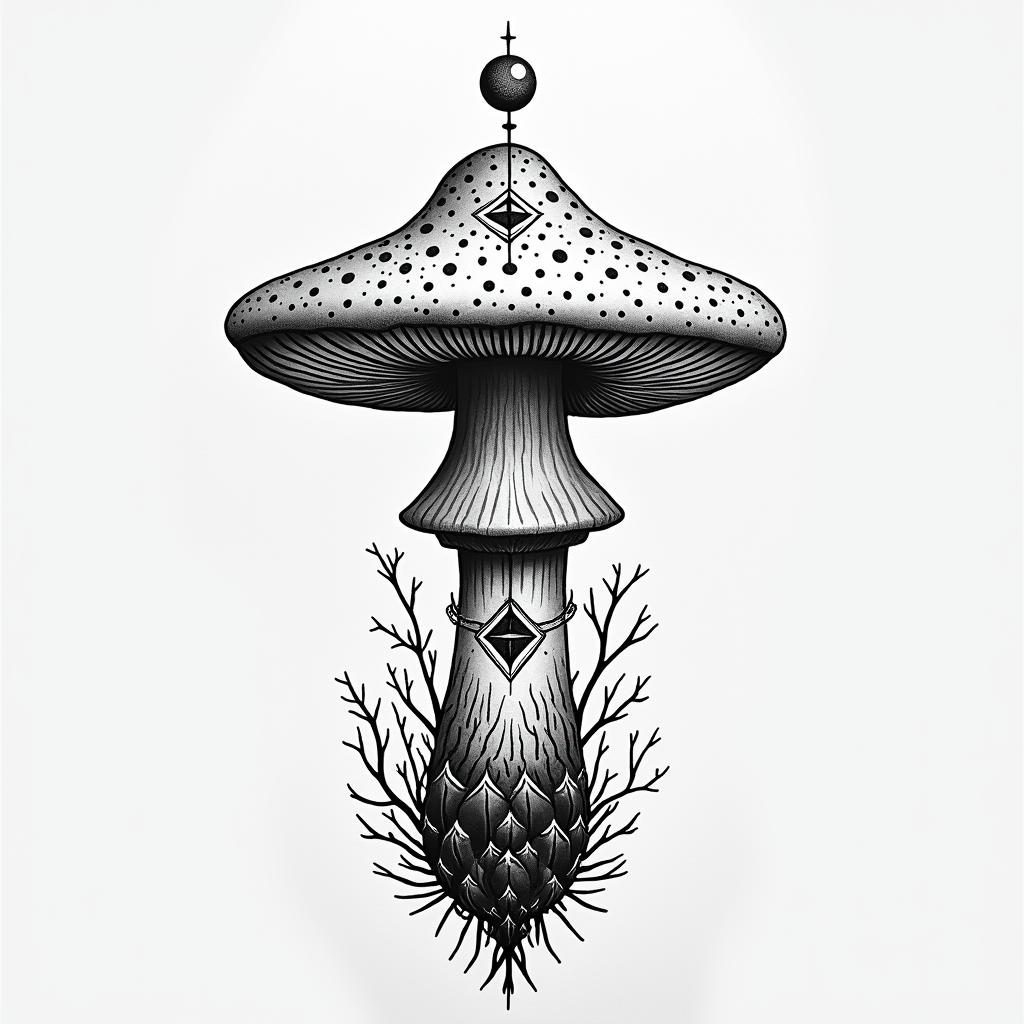 Magic mushroom tree forearm tattooin spiritual symbols tattoo style, featuring an intricate design incorporating elements, Hamsa hand, third eye, minimalist composition - Variation 4