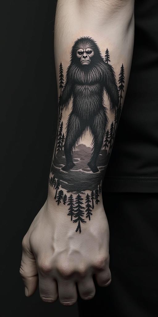 Sasquatch,forestin authentic tattoo style, incorporating traditional modifications, bold black outlines, solid color fills, featuring classic authentic elements - Variation 3