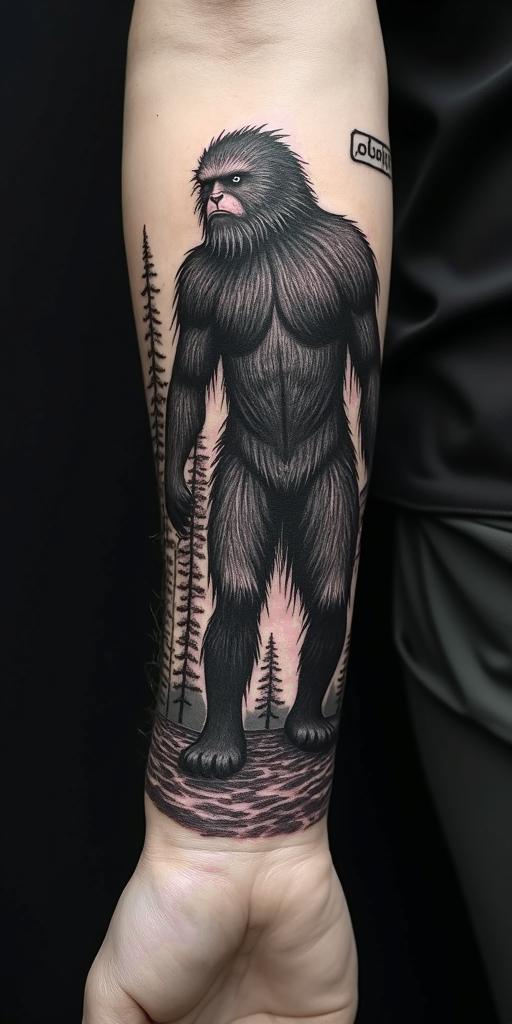 Sasquatch,forestin authentic tattoo style, incorporating traditional modifications, bold black outlines, solid color fills, featuring classic authentic elements - Variation 4