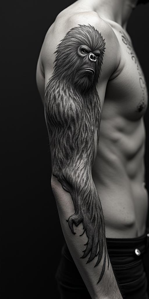 Sasquatch,forestin authentic tattoo style, incorporating traditional modifications, bold black outlines, solid color fills, featuring classic authentic elements - Variation 2