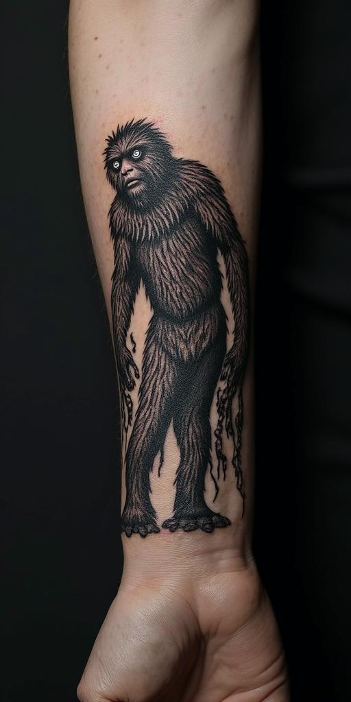 Sasquatch,forestin authentic tattoo style, incorporating traditional modifications, bold black outlines, solid color fills, featuring classic authentic elements