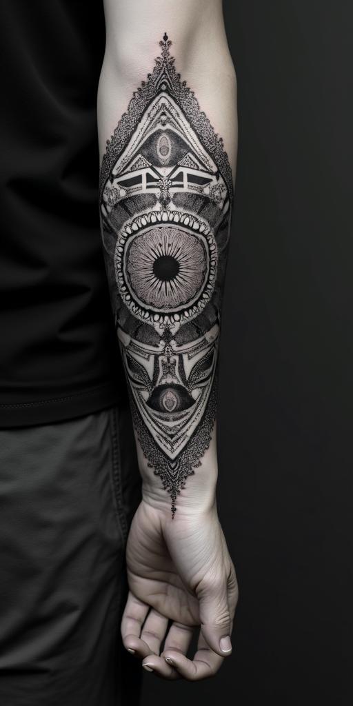 Sasquatch,forestin dotwork style tattoo, complex mandala patterns, interlocking geometric shapes with sharp symmetry, clean lines, sharp angles - Variation 3