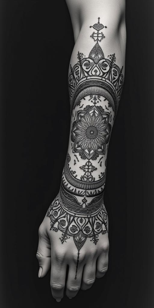 Sasquatch,forestin dotwork style tattoo, complex mandala patterns, interlocking geometric shapes with sharp symmetry, clean lines, sharp angles - Variation 2