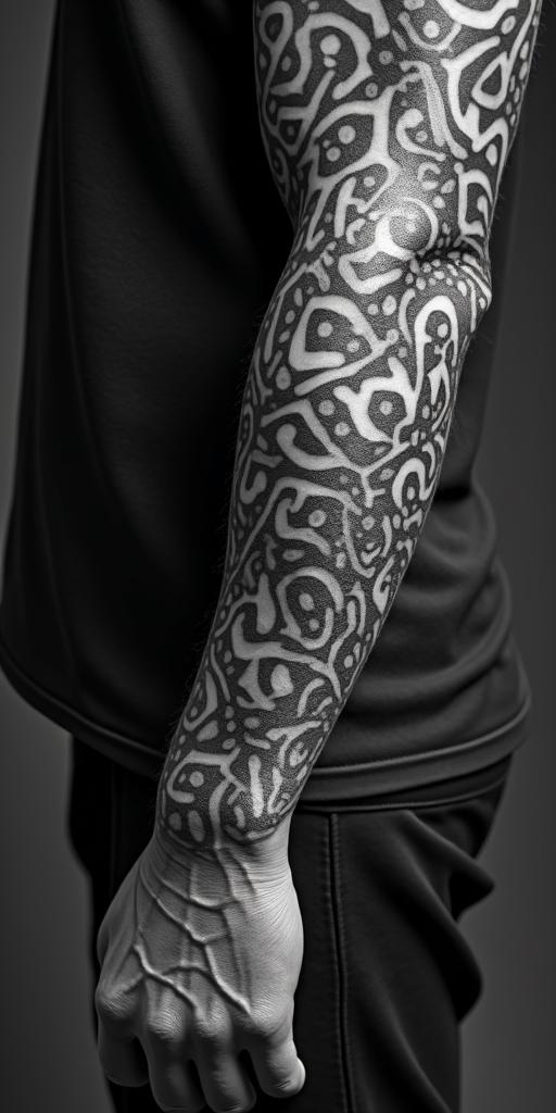 Sasquatch,forestin dotwork style tattoo, complex mandala patterns, interlocking geometric shapes with sharp symmetry, clean lines, sharp angles