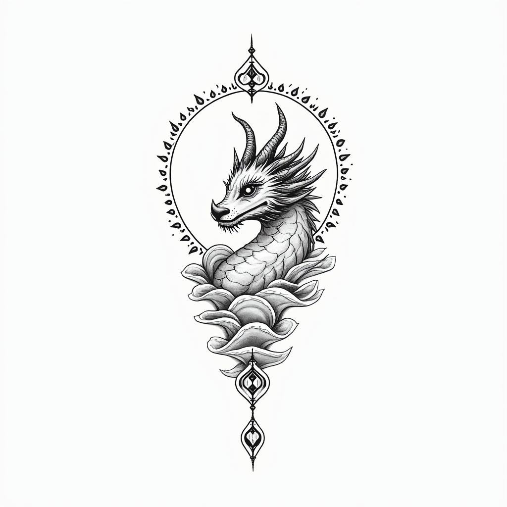ICT Dragonin Modest style tattoo, featuring soft, delicate line work with simple and meaningful symbols, gentle waves, a heart, evoking a sense of serenity and grace, - Variation 2