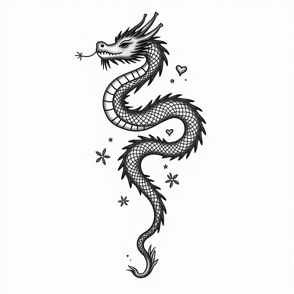 ICT Dragonin Modest style tattoo, featuring soft, delicate line work with simple and meaningful symbols, gentle waves, a heart, evoking a sense of serenity and grace, - Variation 4