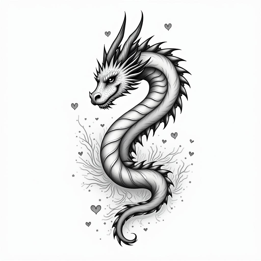 ICT Dragonin Modest style tattoo, featuring soft, delicate line work with simple and meaningful symbols, gentle waves, a heart, evoking a sense of serenity and grace,