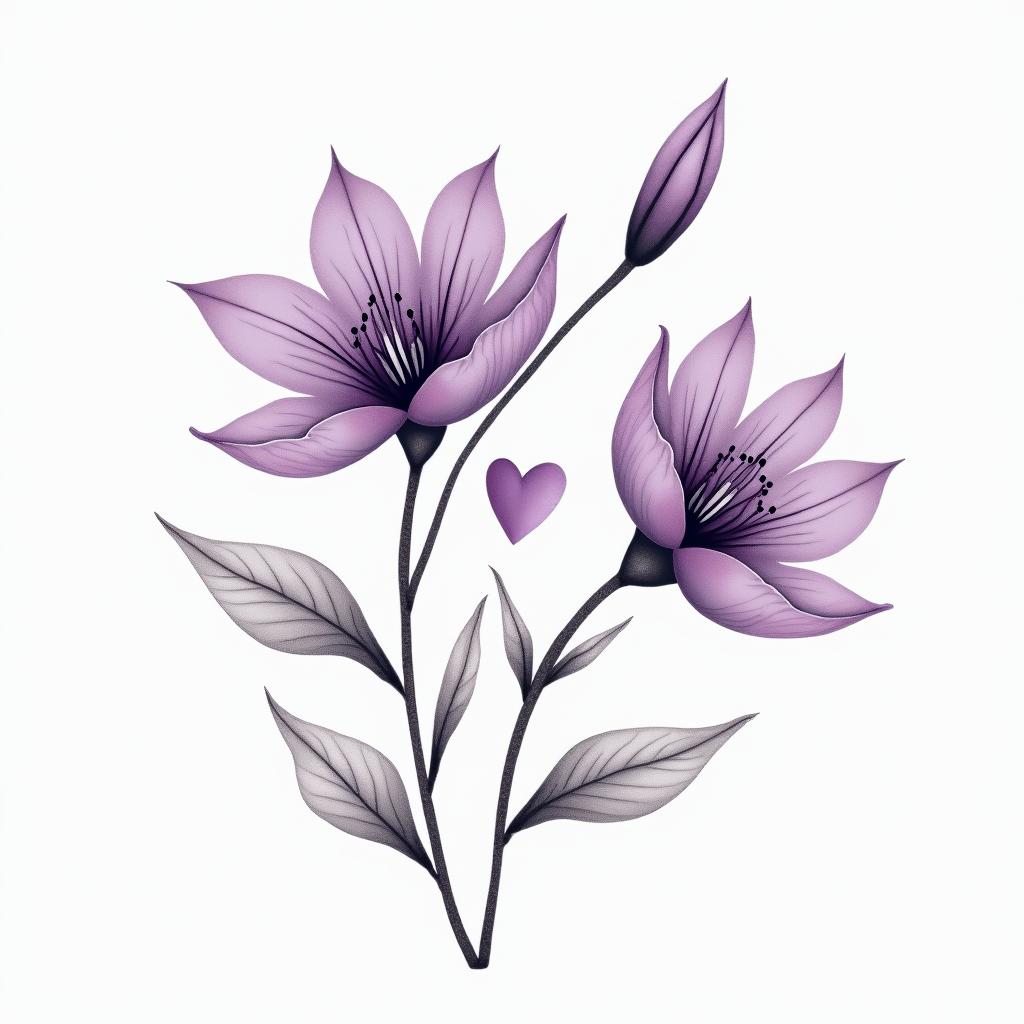 Delicate purple violet flowersin Modest style tattoo, featuring soft, delicate line work with simple and meaningful symbols, gentle waves, a heart, evoking a sense of serenity and grace, - Variation 3