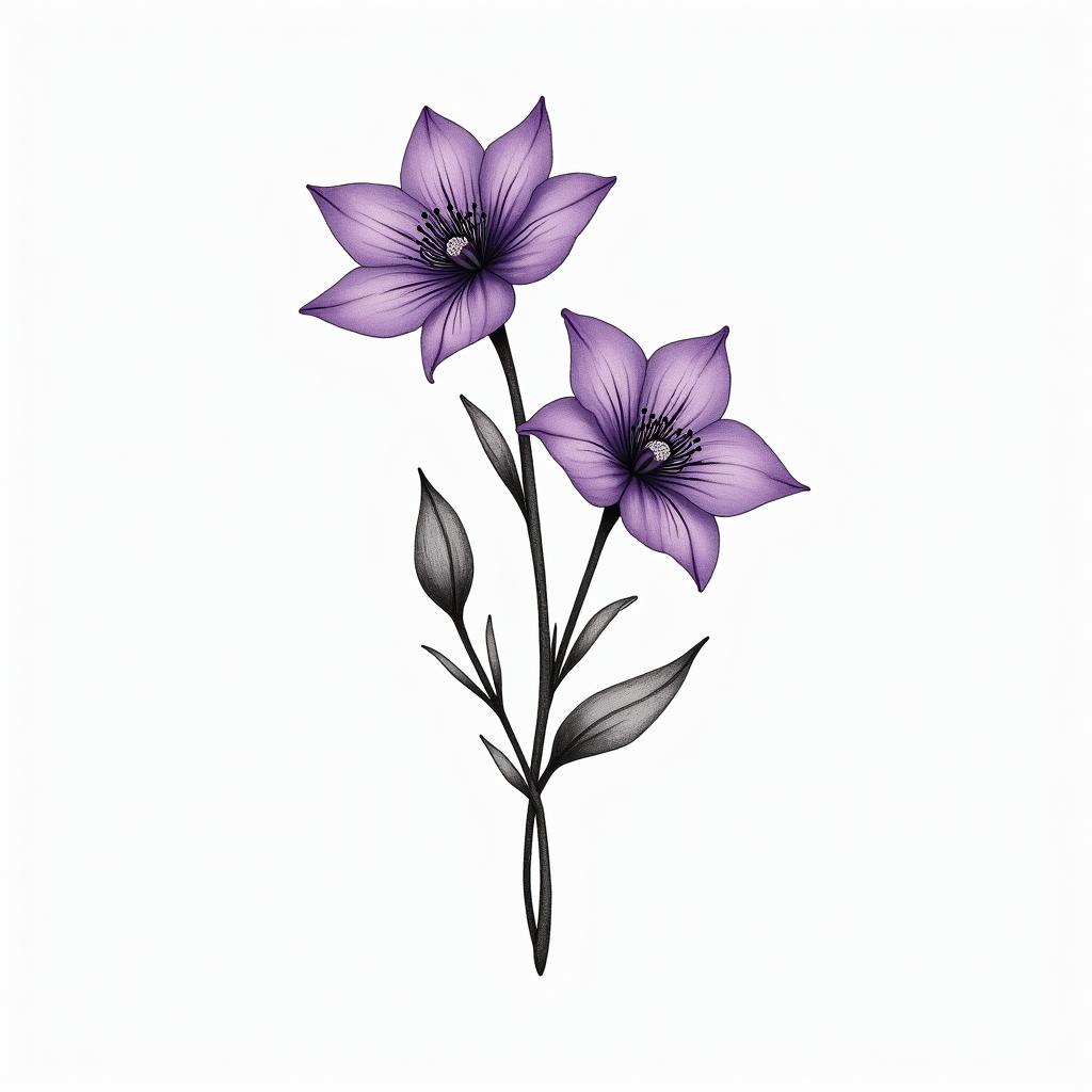 Delicate purple violet flowersin Modest style tattoo, featuring soft, delicate line work with simple and meaningful symbols, gentle waves, a heart, evoking a sense of serenity and grace, - Variation 2
