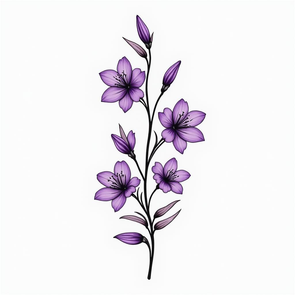 Delicate purple violet flowersin Modest style tattoo, featuring soft, delicate line work with simple and meaningful symbols, gentle waves, a heart, evoking a sense of serenity and grace,