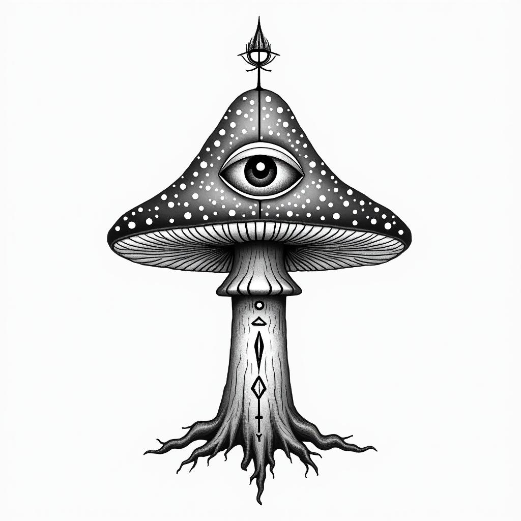 Magic mushroom tree with one eye in the centrein spiritual symbols tattoo style, featuring an intricate design incorporating elements, Hamsa hand, third eye, minimalist composition - Variation 4