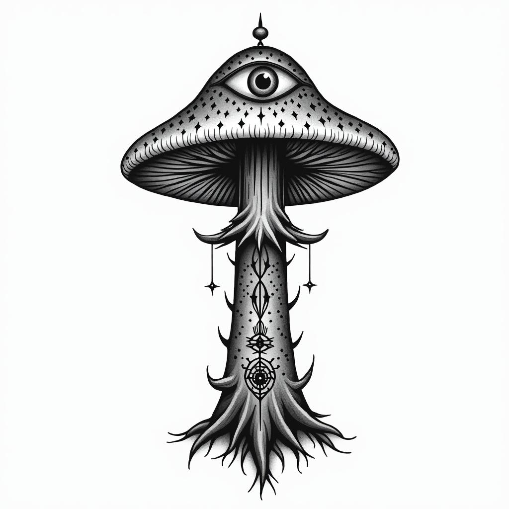 Magic mushroom tree with one eye in the centrein spiritual symbols tattoo style, featuring an intricate design incorporating elements, Hamsa hand, third eye, minimalist composition - Variation 2