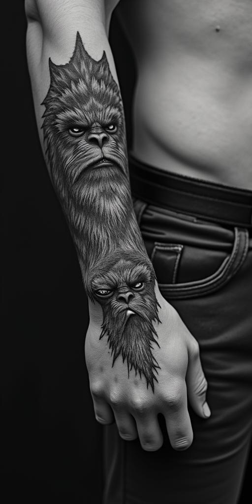 Sasquatch,forestin portrait tattoo style, featuring a highly realistic and detailed depiction  - Variation 3