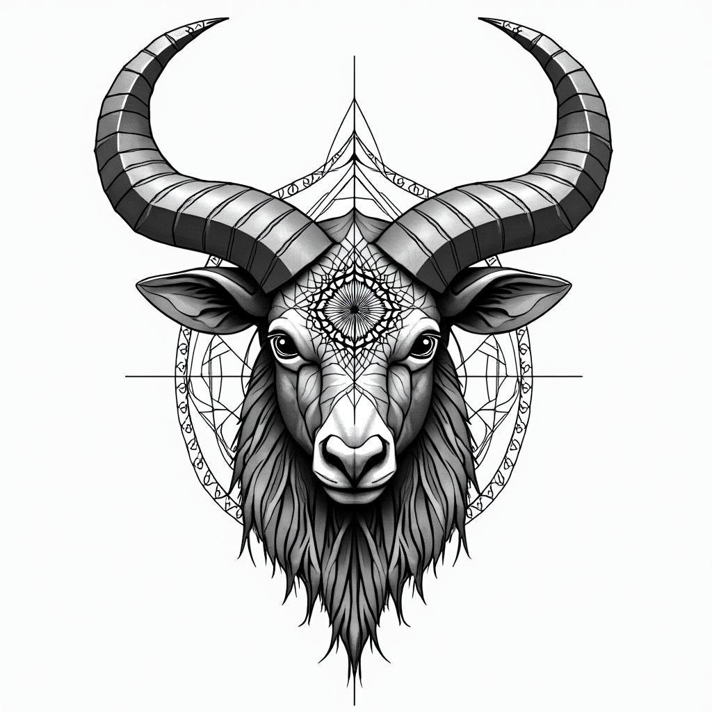 Taurus guns growth in geometric style tattoo, blending hexagons, mandala-inspired patterns, symmetrical and fractal design, clean lines, sharp angles - Variation 4