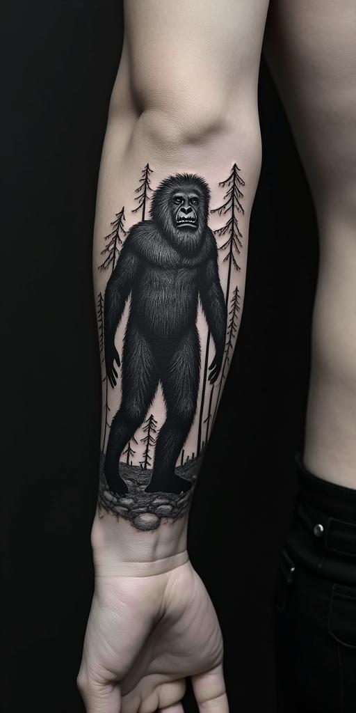 Sasquatch,forestin realism tattoo style, featuring a highly detailed, lifelike, capturing every detail, photorealistic, ultra realistic, intricate shading, smooth and sharp,   - Variation 3
