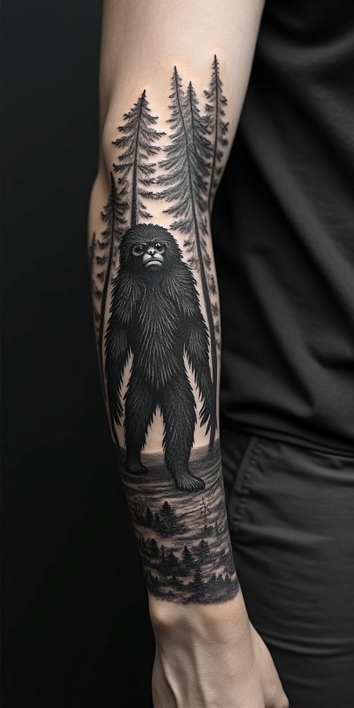 Sasquatch,forestin realism tattoo style, featuring a highly detailed, lifelike, capturing every detail, photorealistic, ultra realistic, intricate shading, smooth and sharp,   - Variation 4