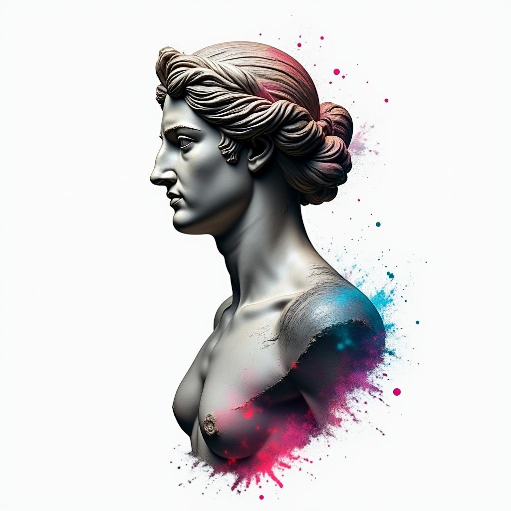 Shawn, Sagittarius, Texasin distorted and fragmented tattoo design, featuring a classical statue bust, in a glitch art style with vibrant, overlapping colors of cyan, magenta, and yellow, creating a digital distortion effect