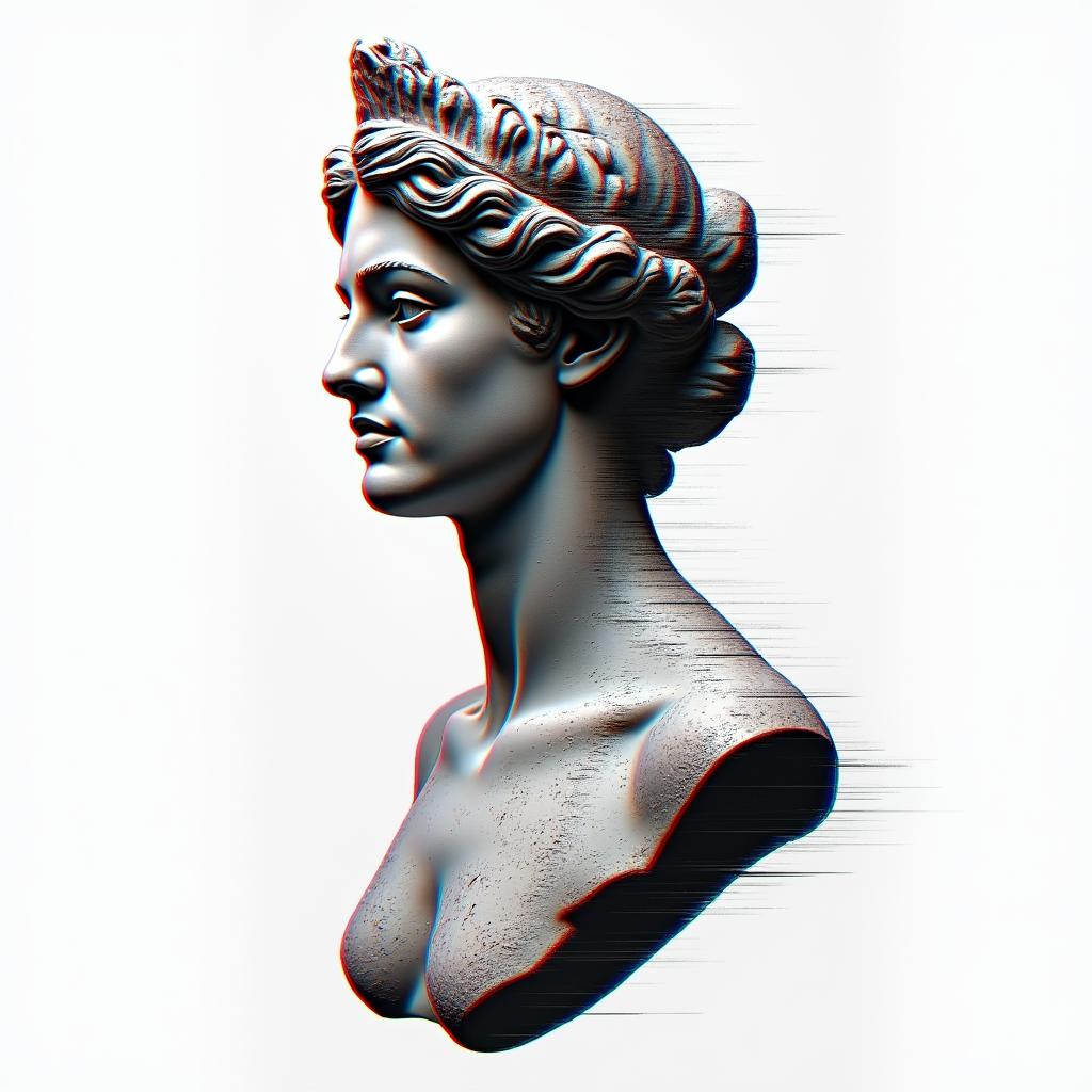 Shawn, Sagittarius, Texasin distorted and fragmented tattoo design, featuring a classical statue bust, in a glitch art style with vibrant, overlapping colors of cyan, magenta, and yellow, creating a digital distortion effect - Variation 2