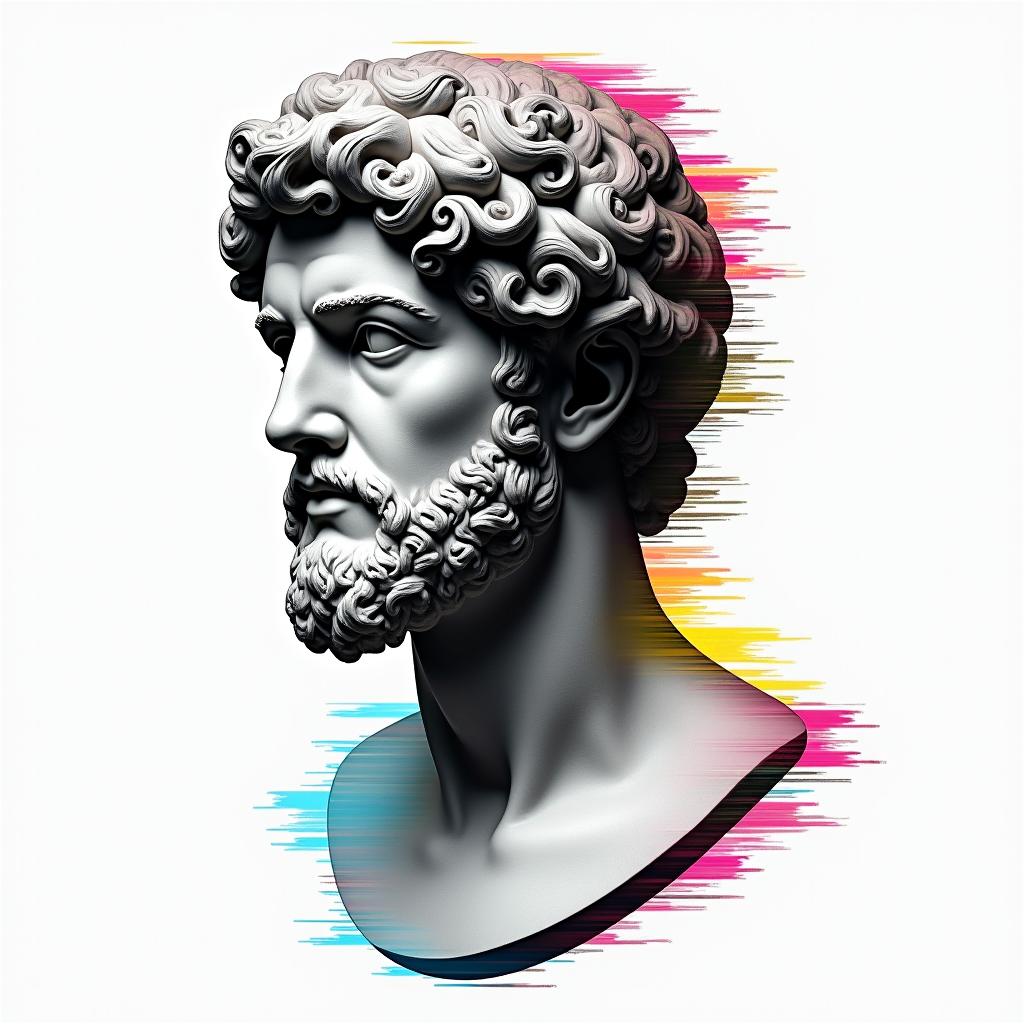 Shawn, Sagittarius, Texasin distorted and fragmented tattoo design, featuring a classical statue bust, in a glitch art style with vibrant, overlapping colors of cyan, magenta, and yellow, creating a digital distortion effect - Variation 3