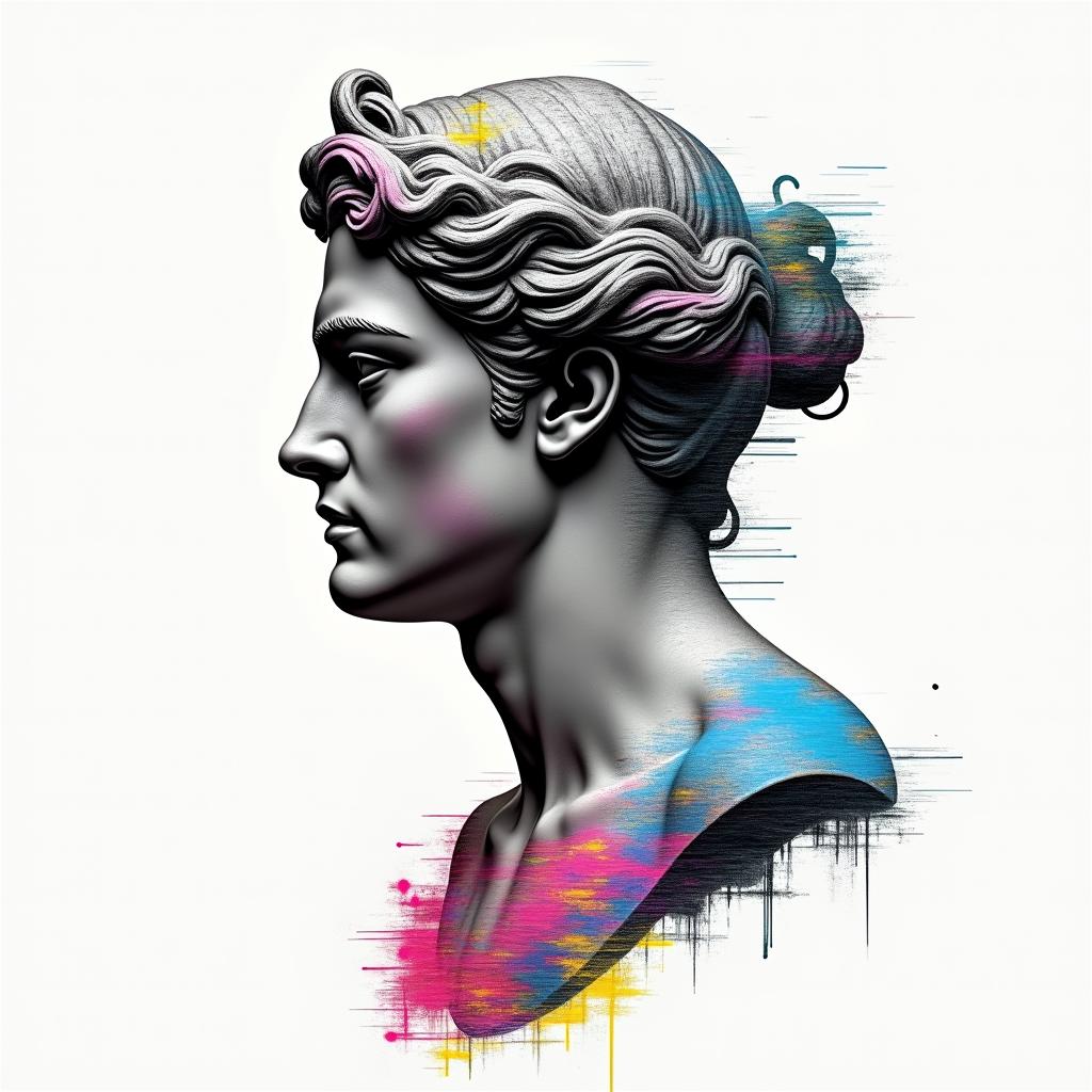 Shawn, Sagittarius, Texasin distorted and fragmented tattoo design, featuring a classical statue bust, in a glitch art style with vibrant, overlapping colors of cyan, magenta, and yellow, creating a digital distortion effect - Variation 4