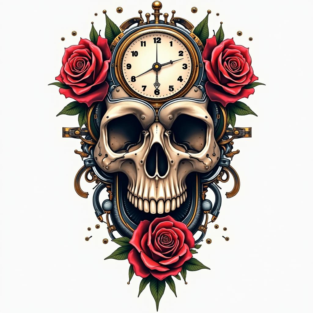 Skull with roses and clock elementstattoo in biomechanic style, the tattoo covered by robotic elements of futuristic cyberpunk design, robotic features detail, showcasing intricate mechanical components - Variation 1