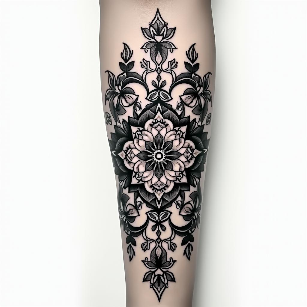 Tattoo sleevein ornamental tattoo style, featuring intricate symmetrical patterns and floral designs, showcasing highly detailed line work and geometric shapes, creating a sense of elegance and balance - Variation 3