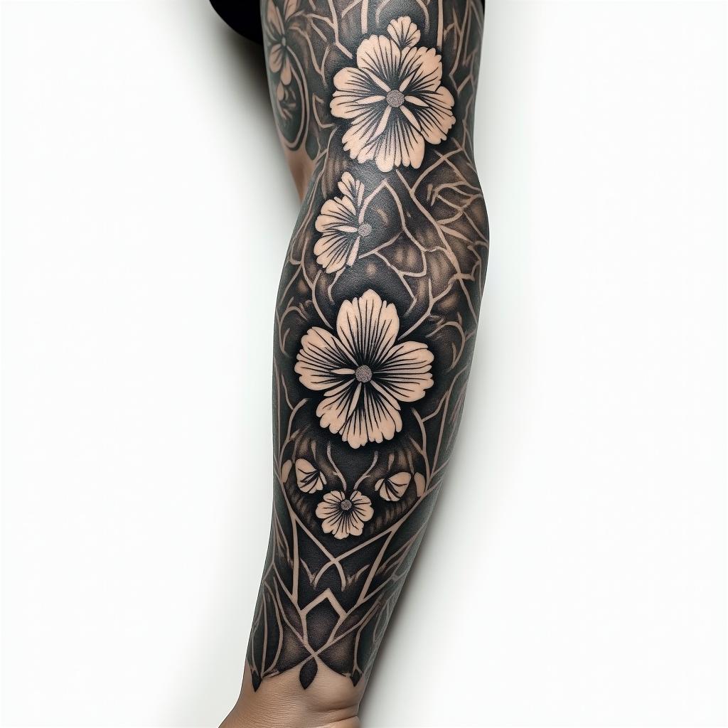 Tattoo sleevein ornamental tattoo style, featuring intricate symmetrical patterns and floral designs, showcasing highly detailed line work and geometric shapes, creating a sense of elegance and balance - Variation 2