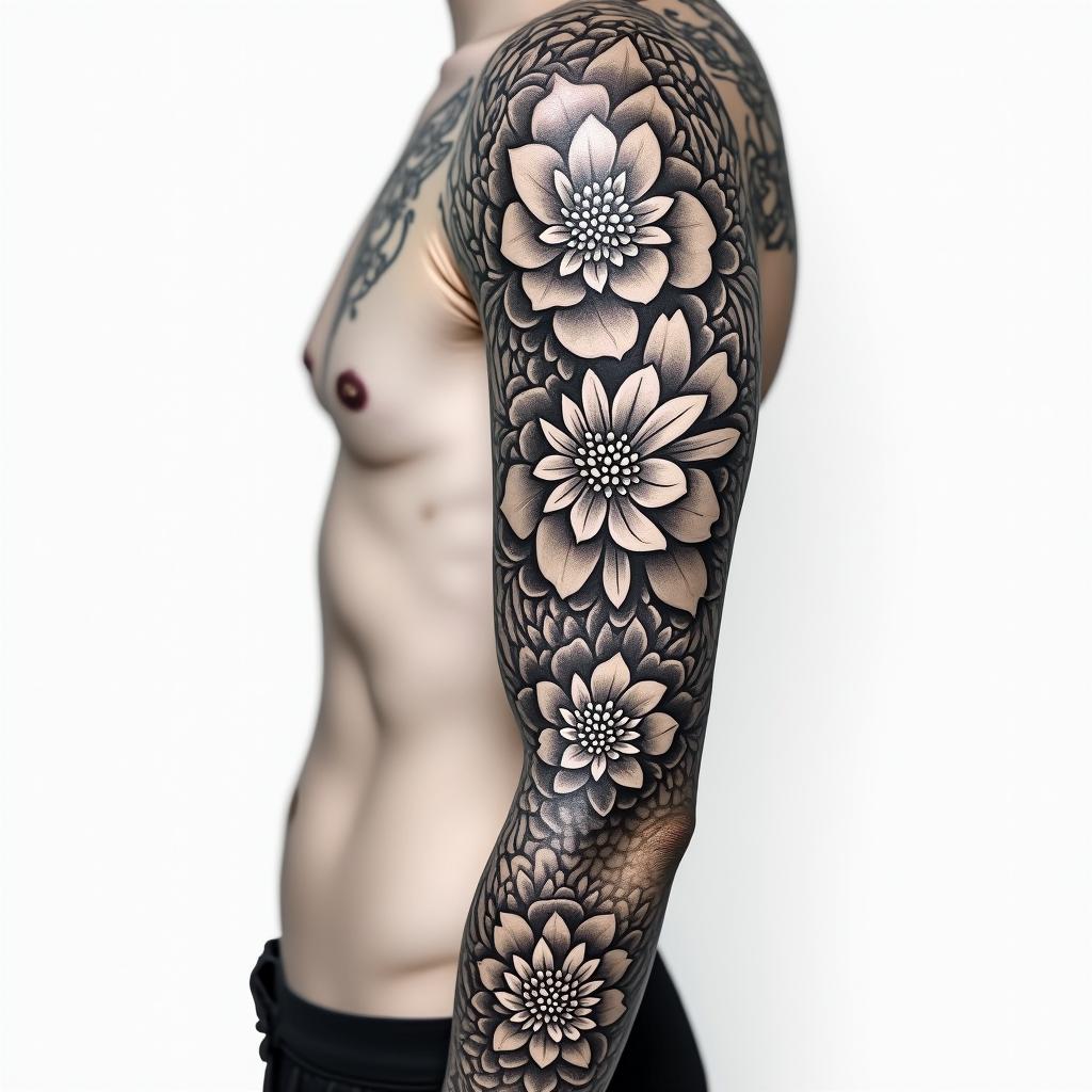 Tattoo sleevein ornamental tattoo style, featuring intricate symmetrical patterns and floral designs, showcasing highly detailed line work and geometric shapes, creating a sense of elegance and balance - Variation 4